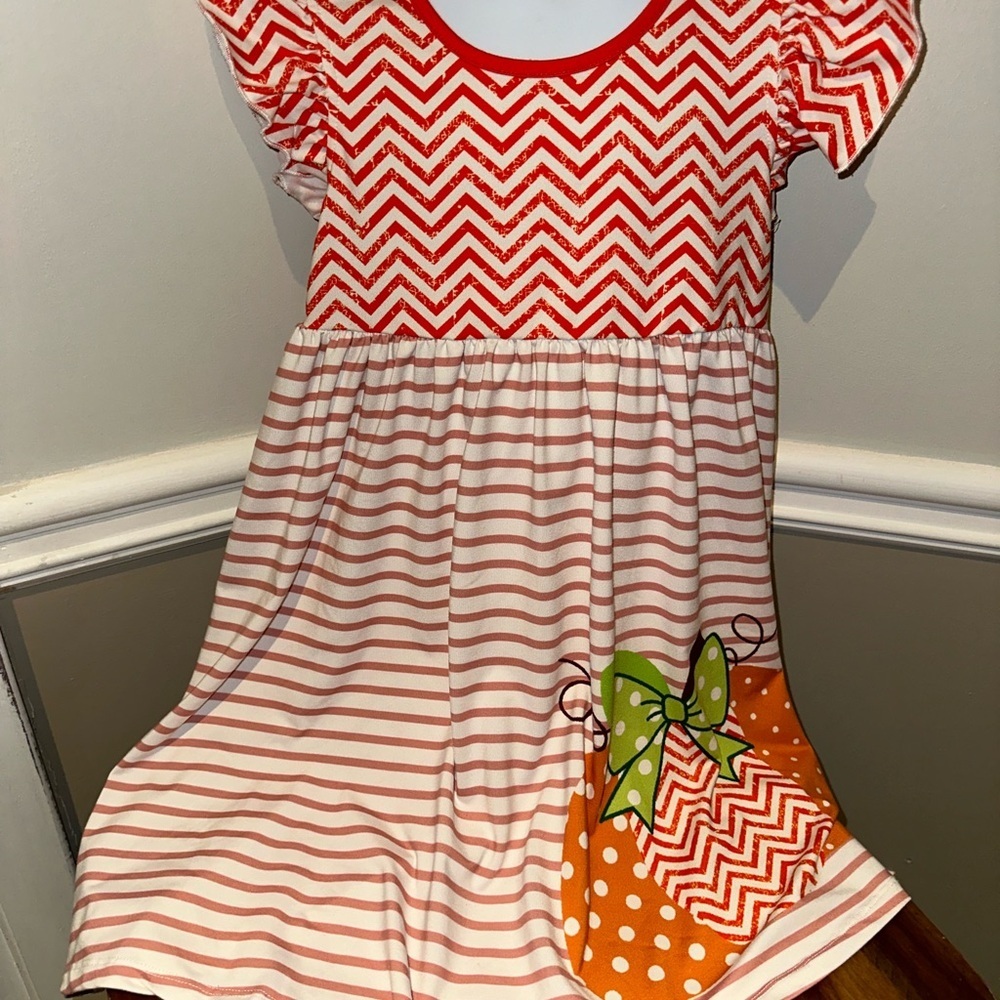 Penelope Plumm Orange and White Chevron Striped Dress with Pumpkin Design Dress